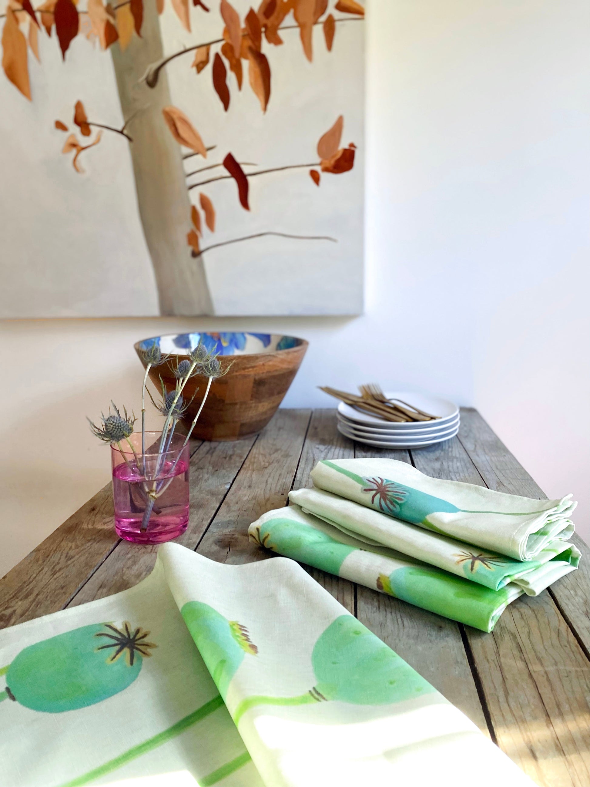 💚 Napkin Set: Poppy Pods on Ecru