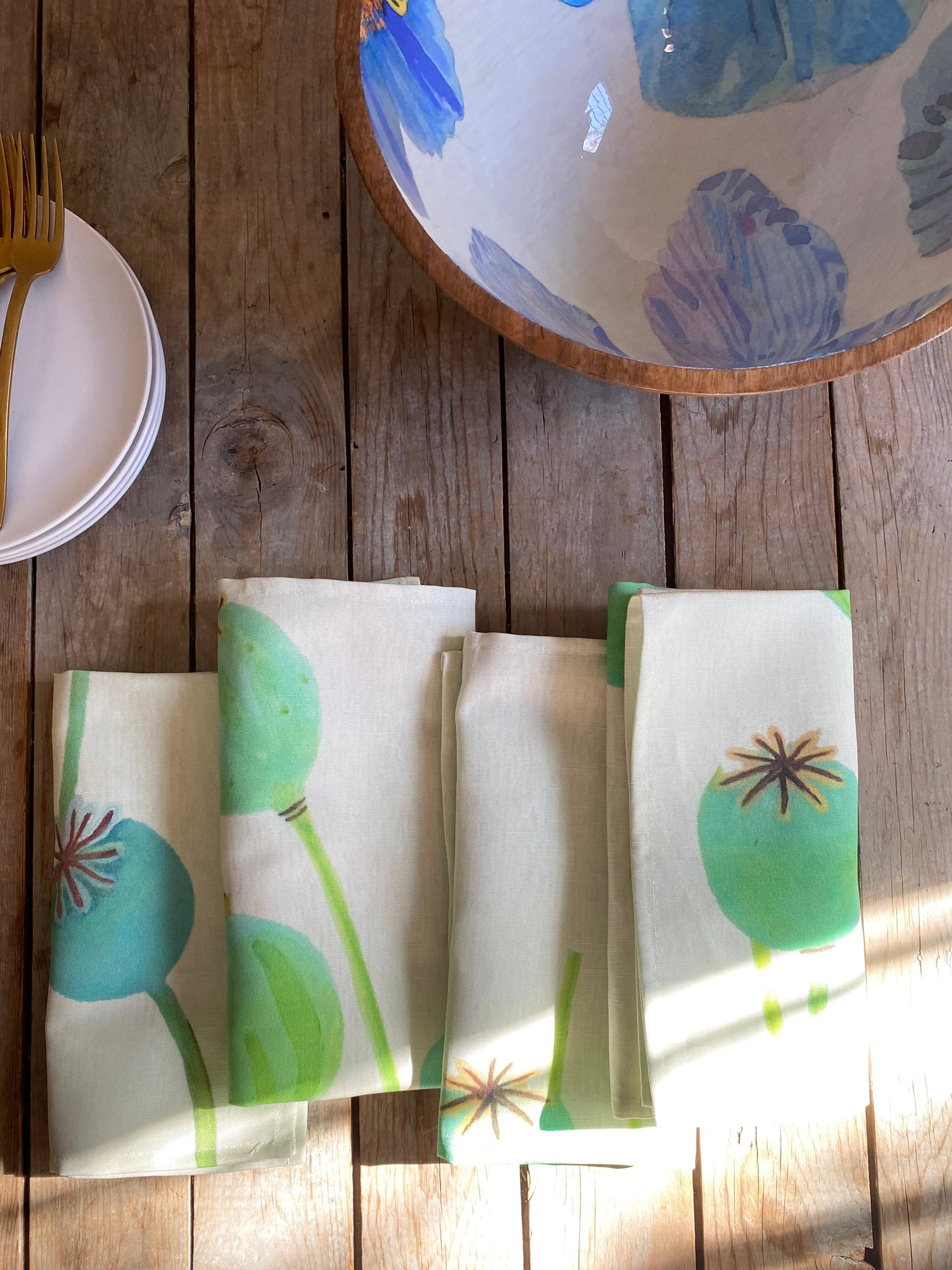 💚 Napkin Set: Poppy Pods on Ecru
