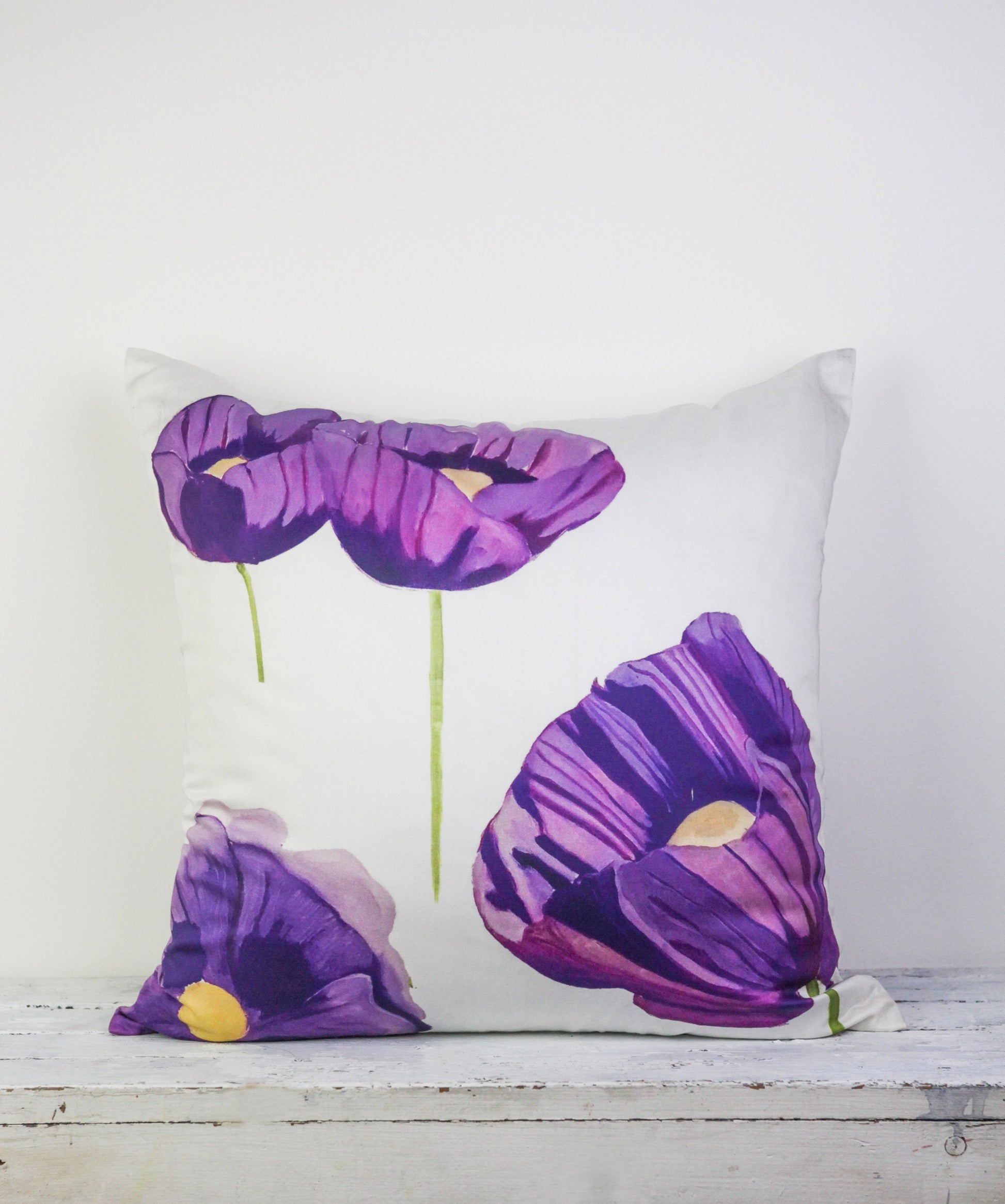💚 Cotton Sateen Throw Pillow: Purple Poppies on Snow