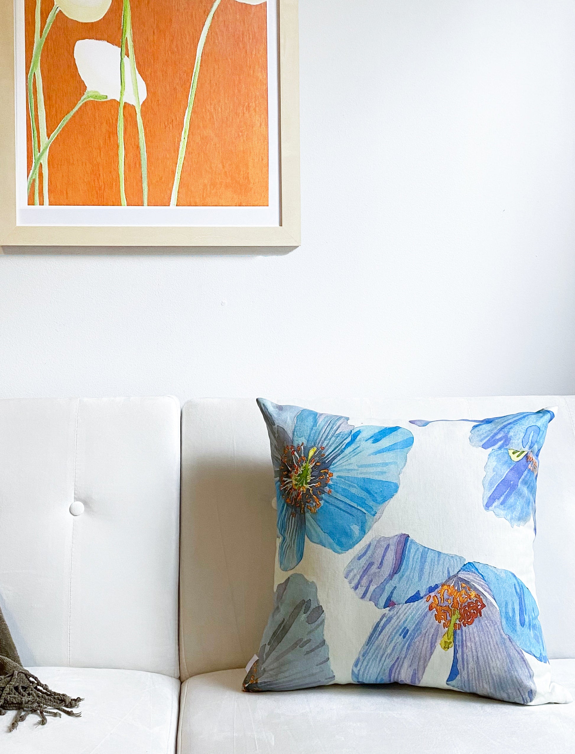 💚 Throw Pillow: Himalayan Blue Poppies on Ecru