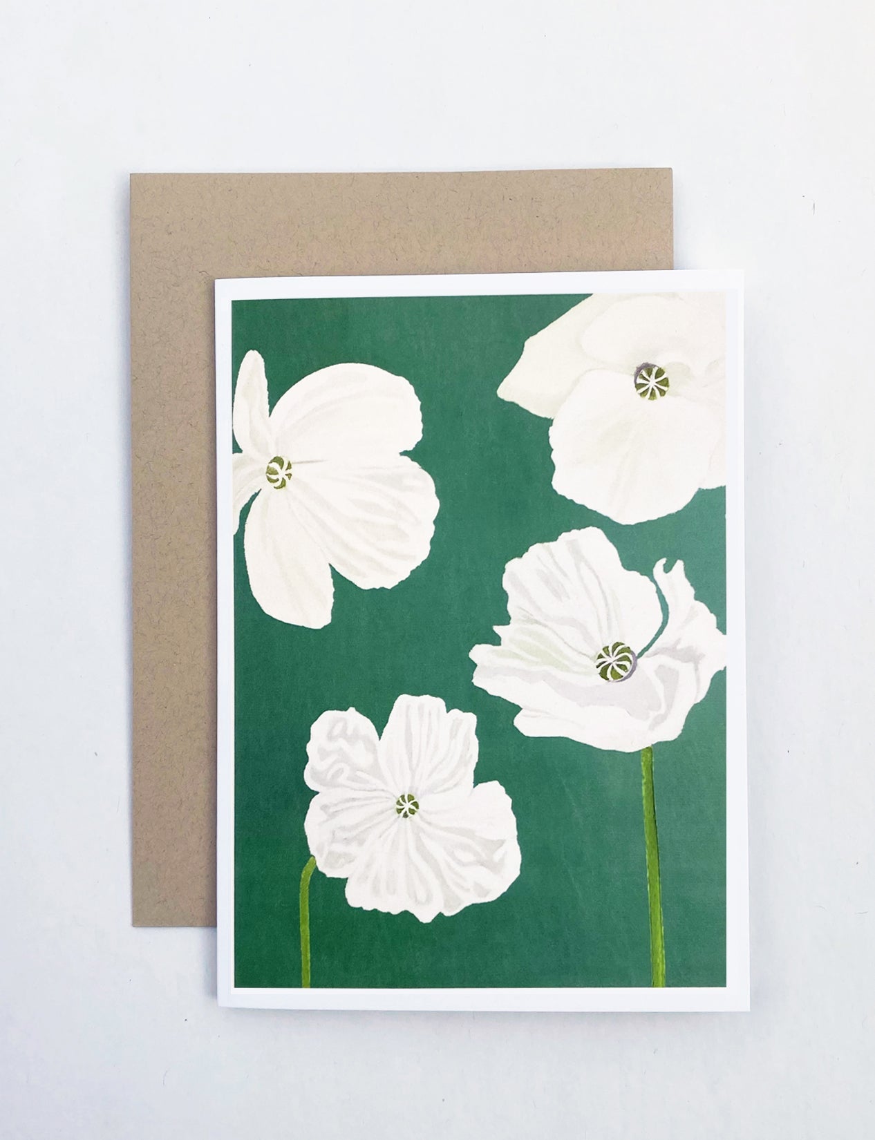 💚 Notecard:  White Poppies on Emerald