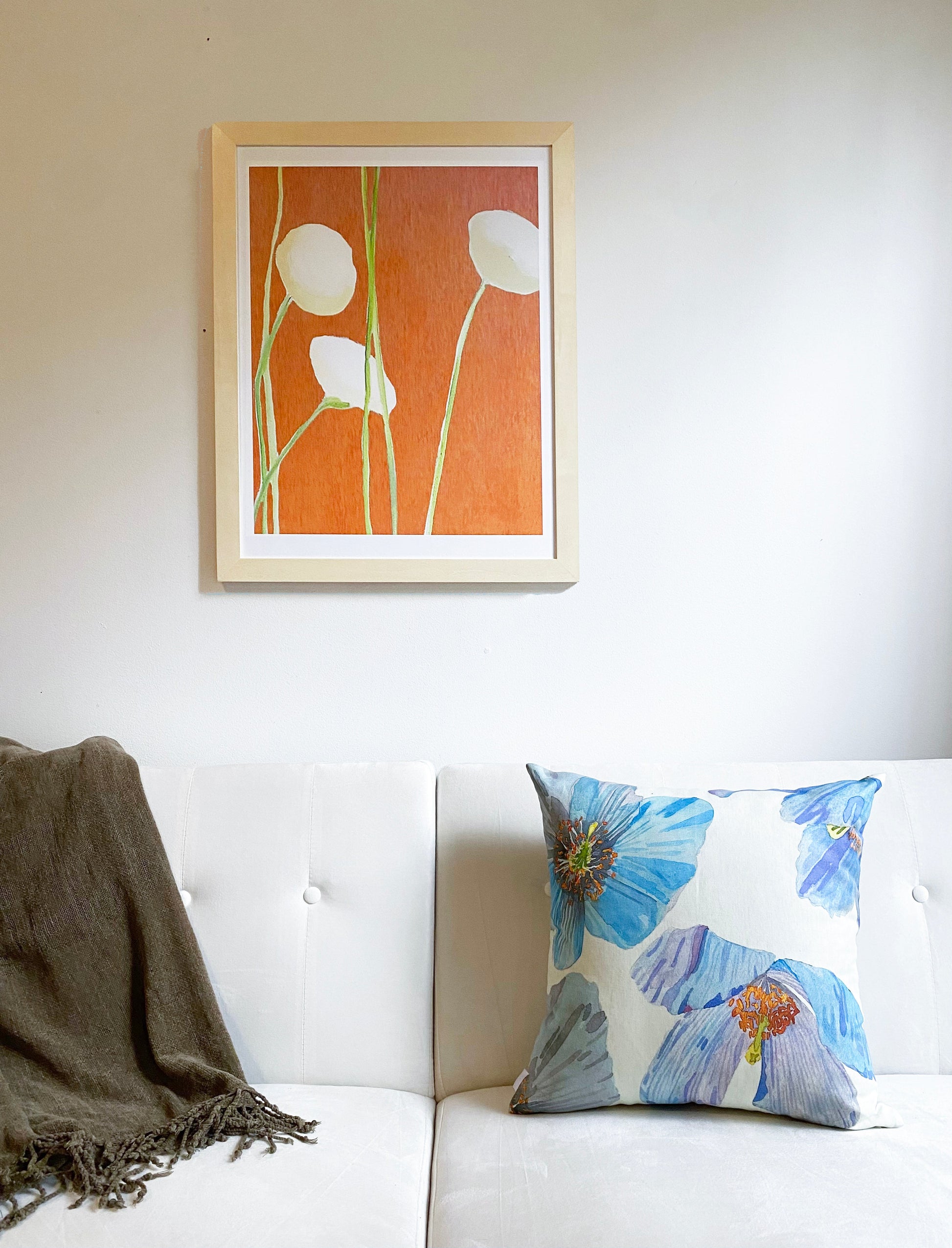 💚 Throw Pillow: Himalayan Blue Poppies on Ecru