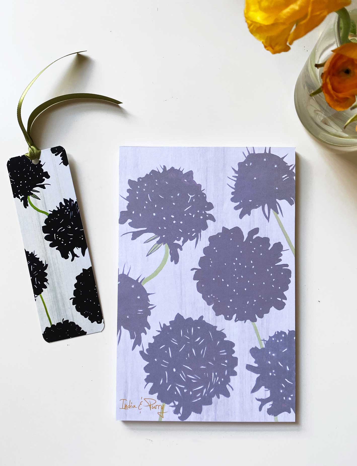 💚 Notepad & Bookmark:  Black Scabiosa on Snow