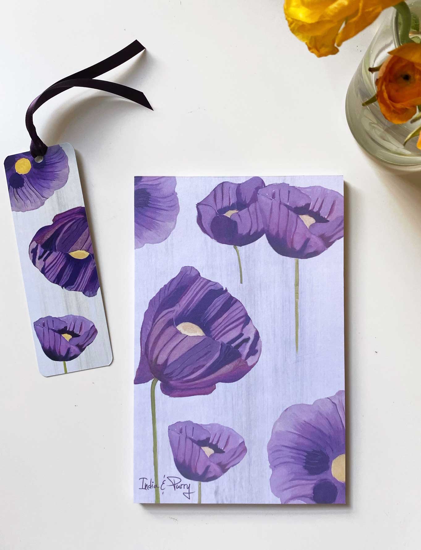 💚 Notepad & Bookmark:  Purple Poppies on Snow
