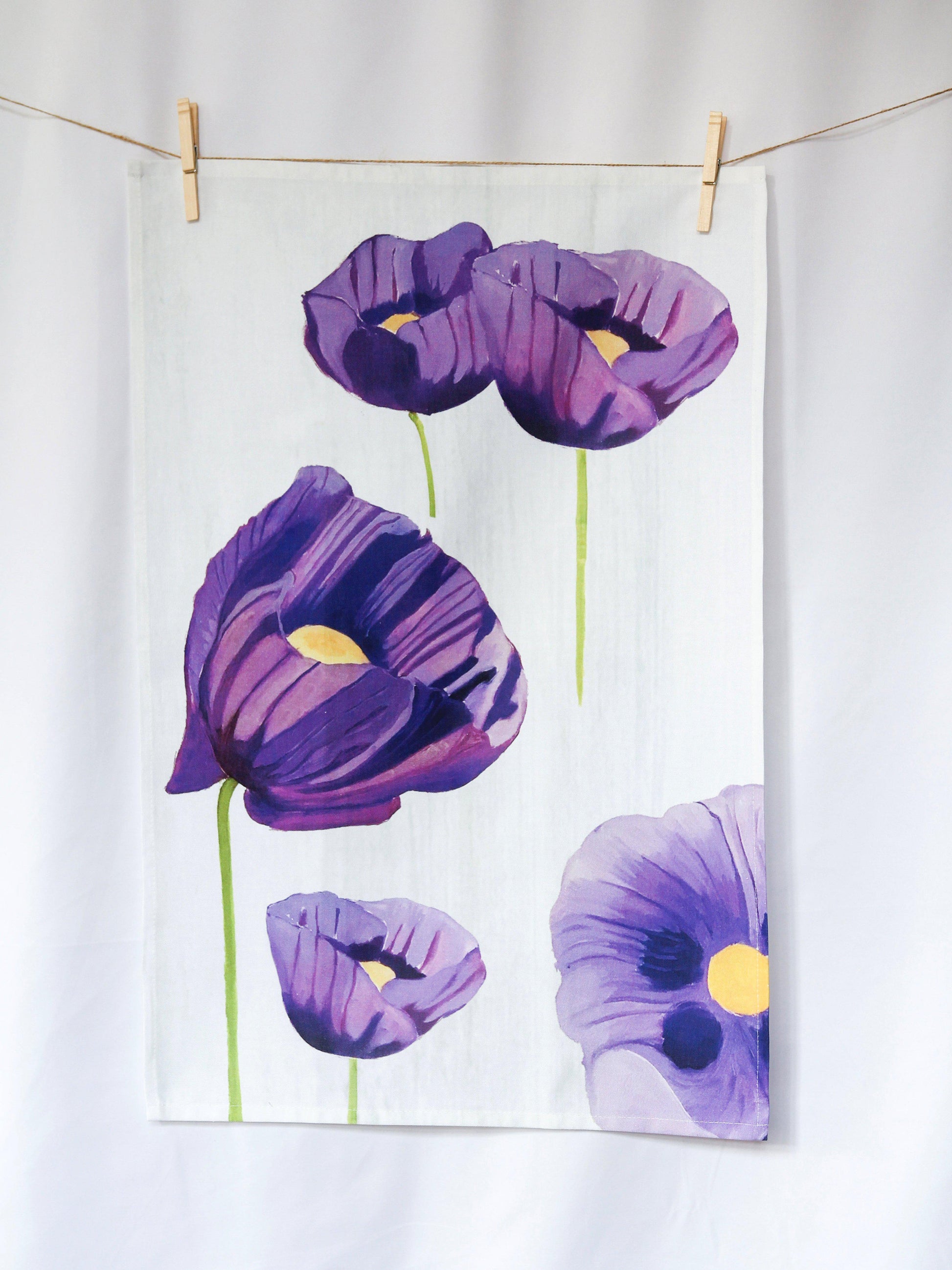 💚 Tea Towel: Purple Poppies on Snow