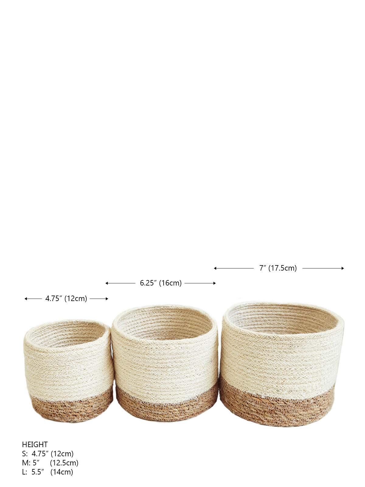 Set of three round woven storage baskets in natural beige and brown with size measurements