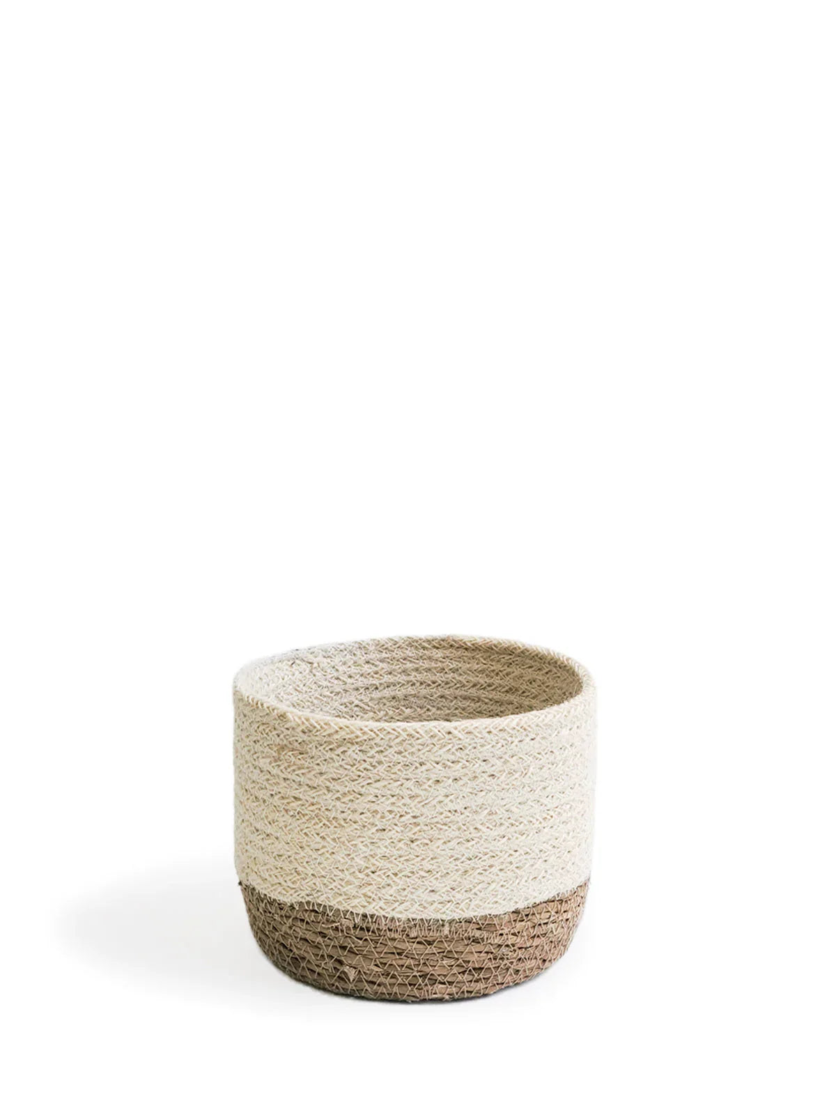 Round woven storage basket with natural beige and brown color block design