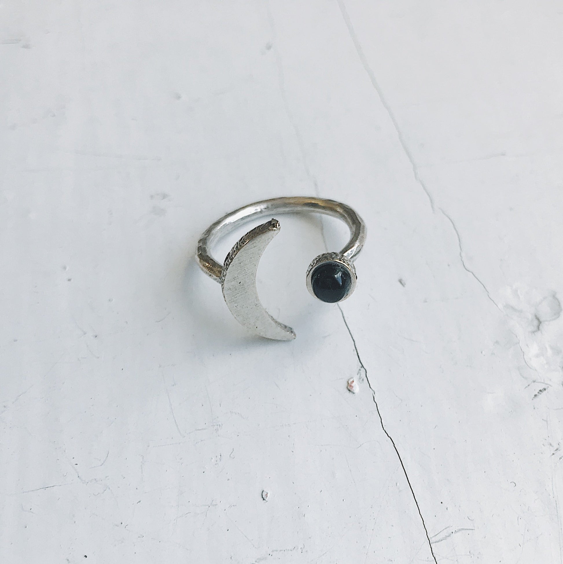 CLEARANCE Crescent Moon Ring with Black Onyx