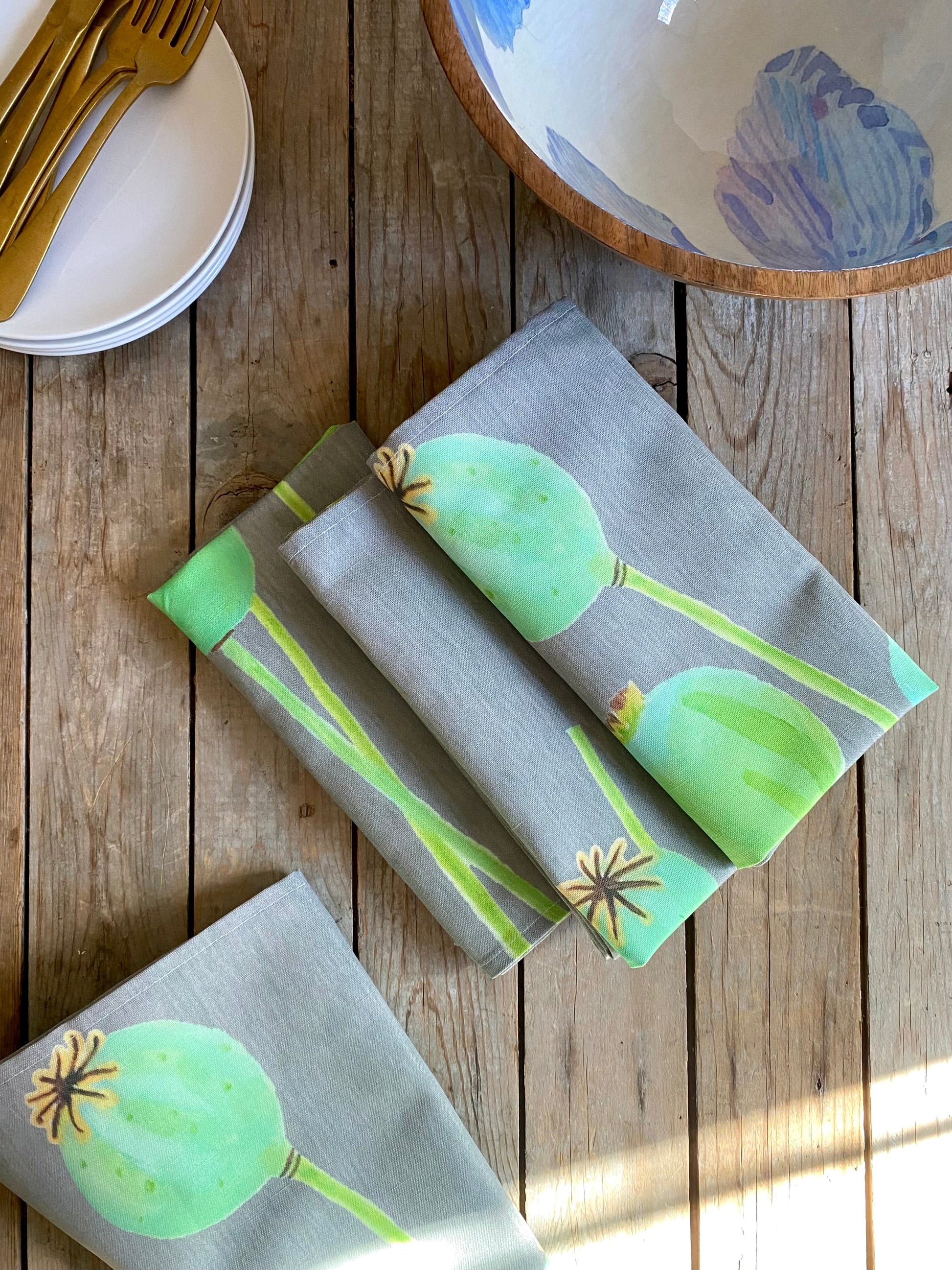 💚 Napkin Set: Poppy Pods on Grey