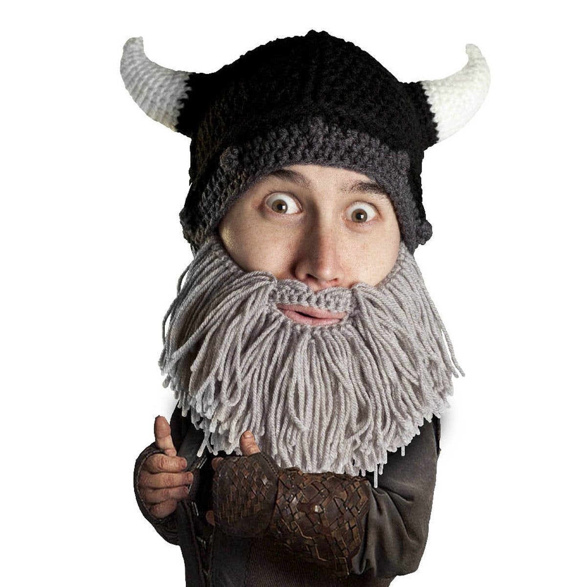 Barbarian Horns and Beard Costume Accessory for Adults- Gray, Black, or Brown
