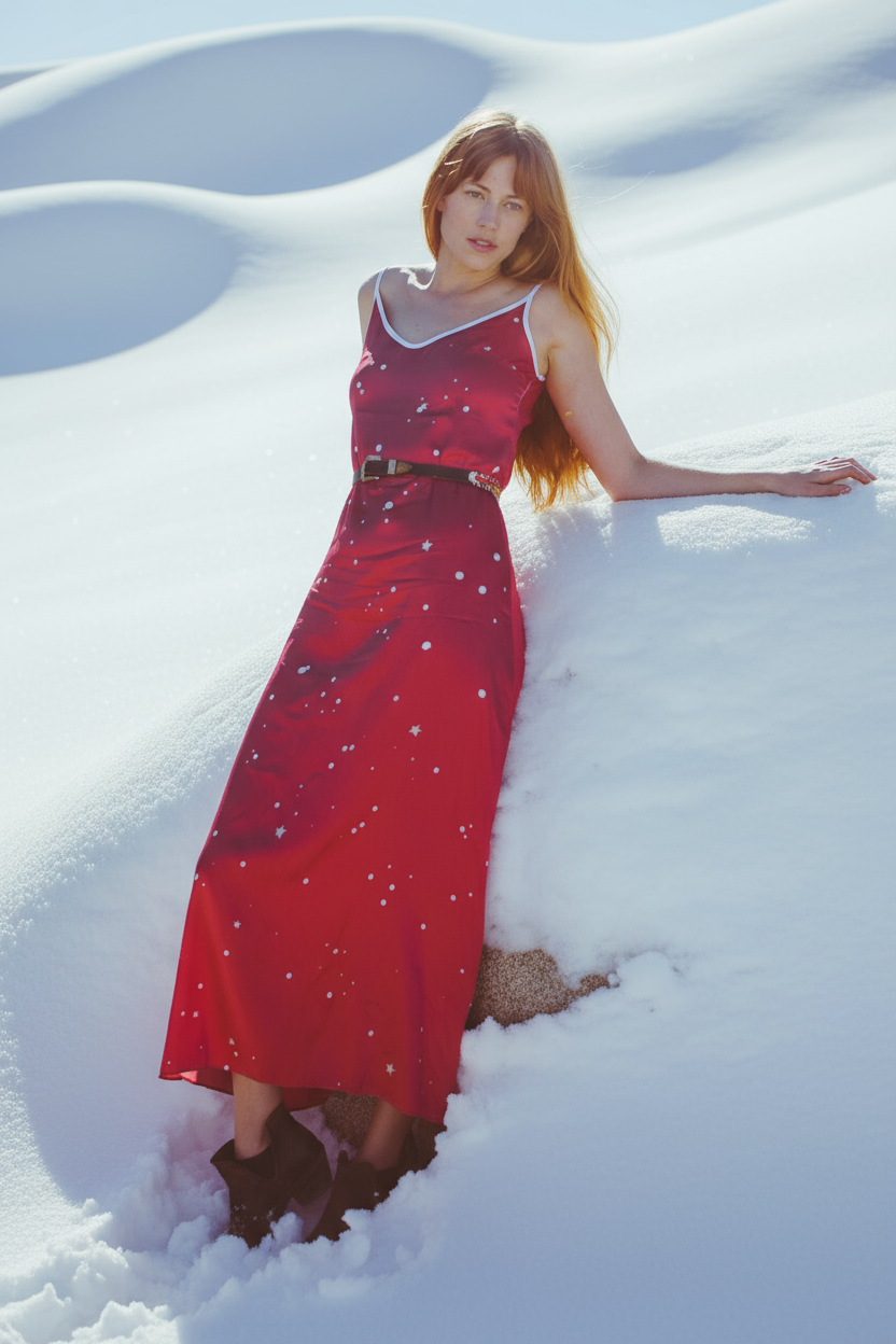 Organic Andromeda Holiday Party Silk Slip Dress in Cosmic Holiday Crimson