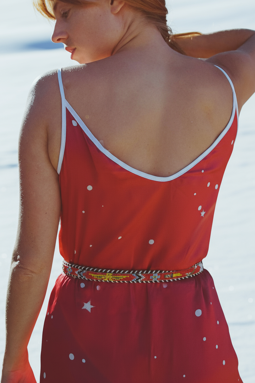 Organic Andromeda Holiday Party Silk Slip Dress in Cosmic Holiday Crimson