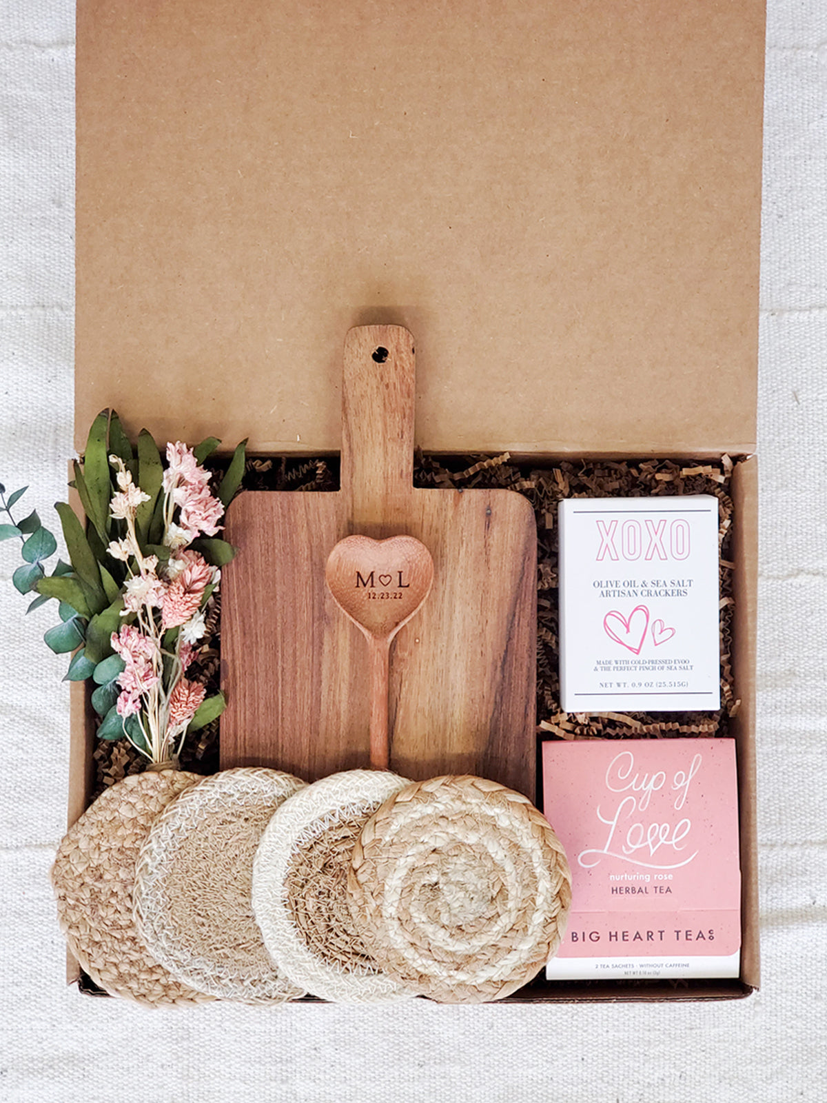 Monogrammed Gift Box With Wood board, Wood Spoon, Tea And Cookies