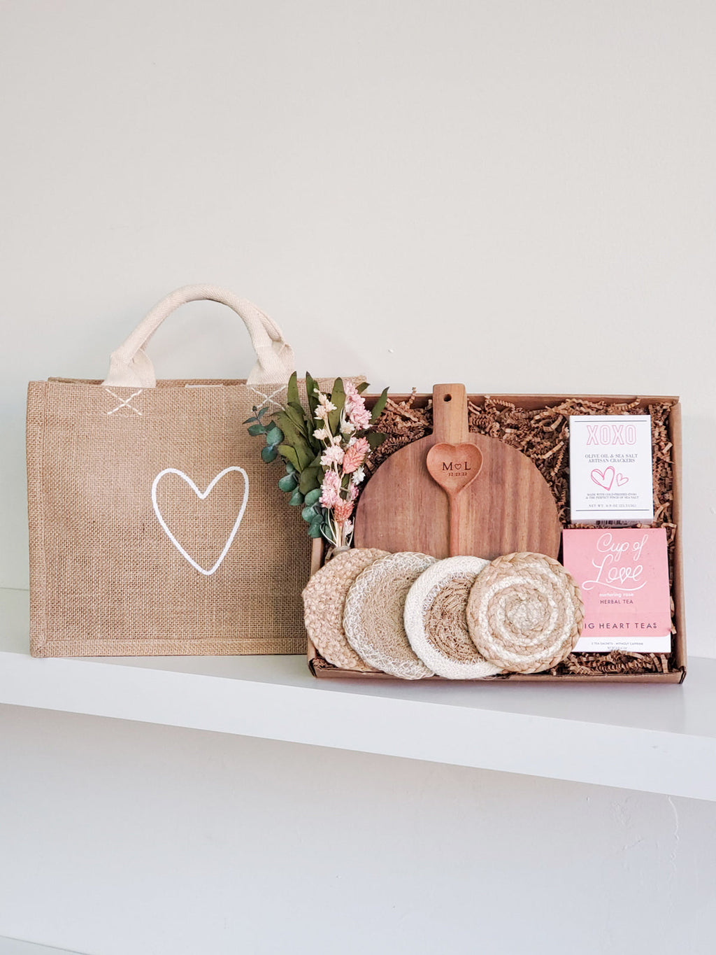Monogrammed Gift Box With Wood board, Wood Spoon, Tea And Cookies