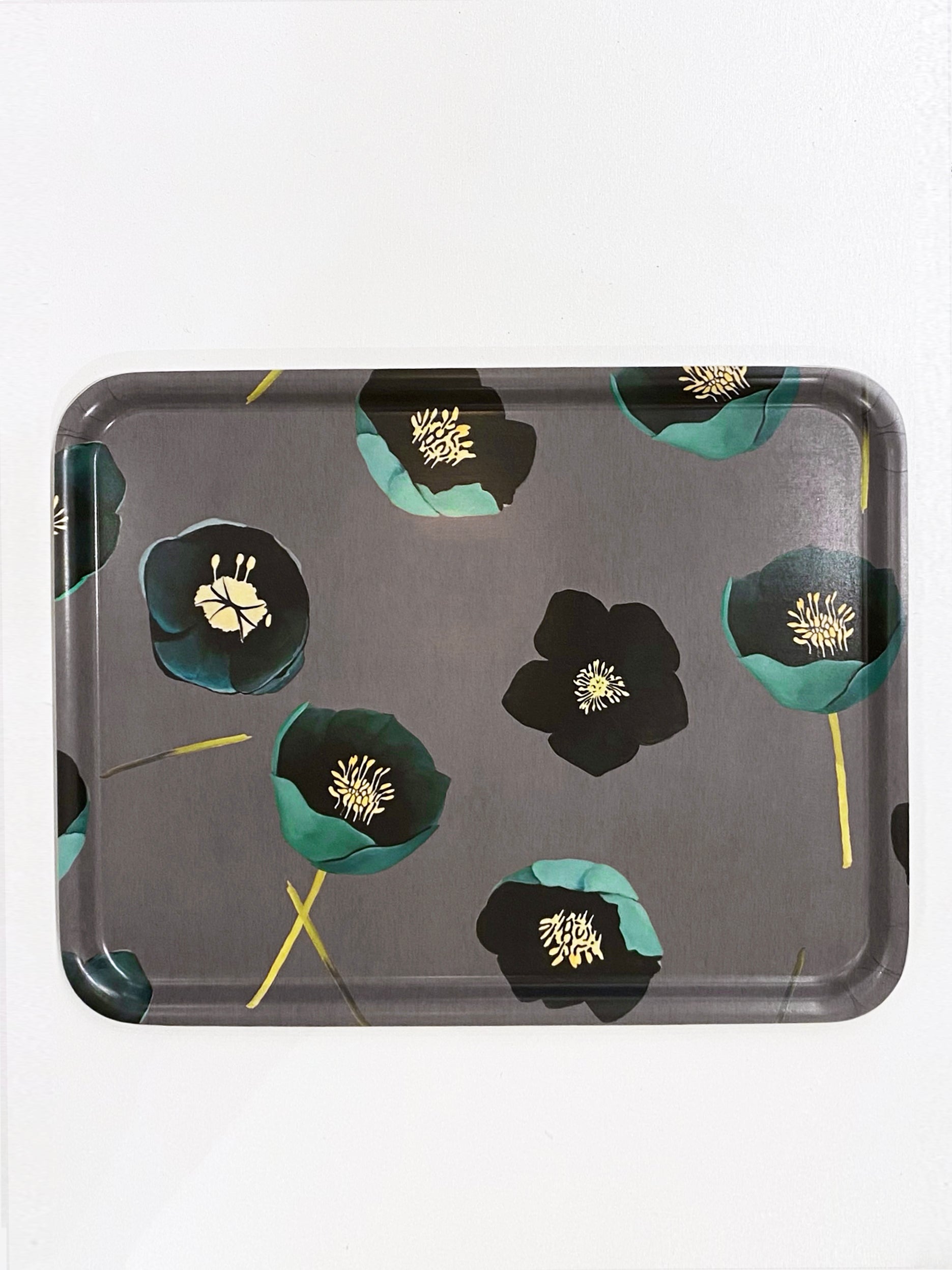 💚 Swedish Serving Tray:  Green Winter Rose on Charcoal