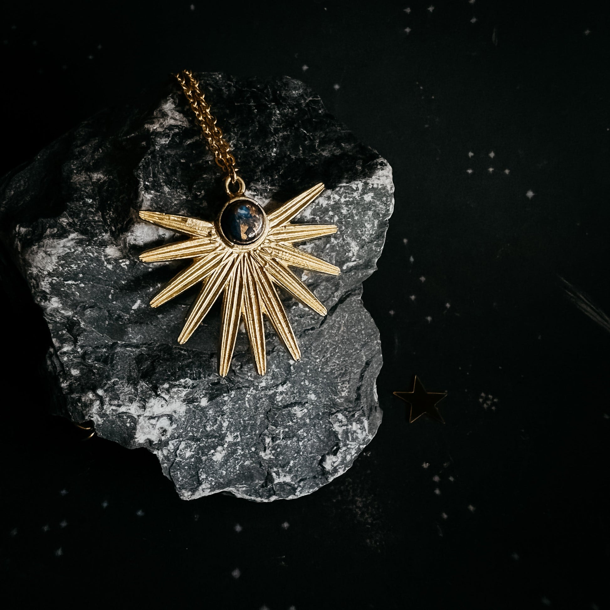 Dark Before the Dawn Sunburst Pendant Necklace with Copper Lapis Lazuli