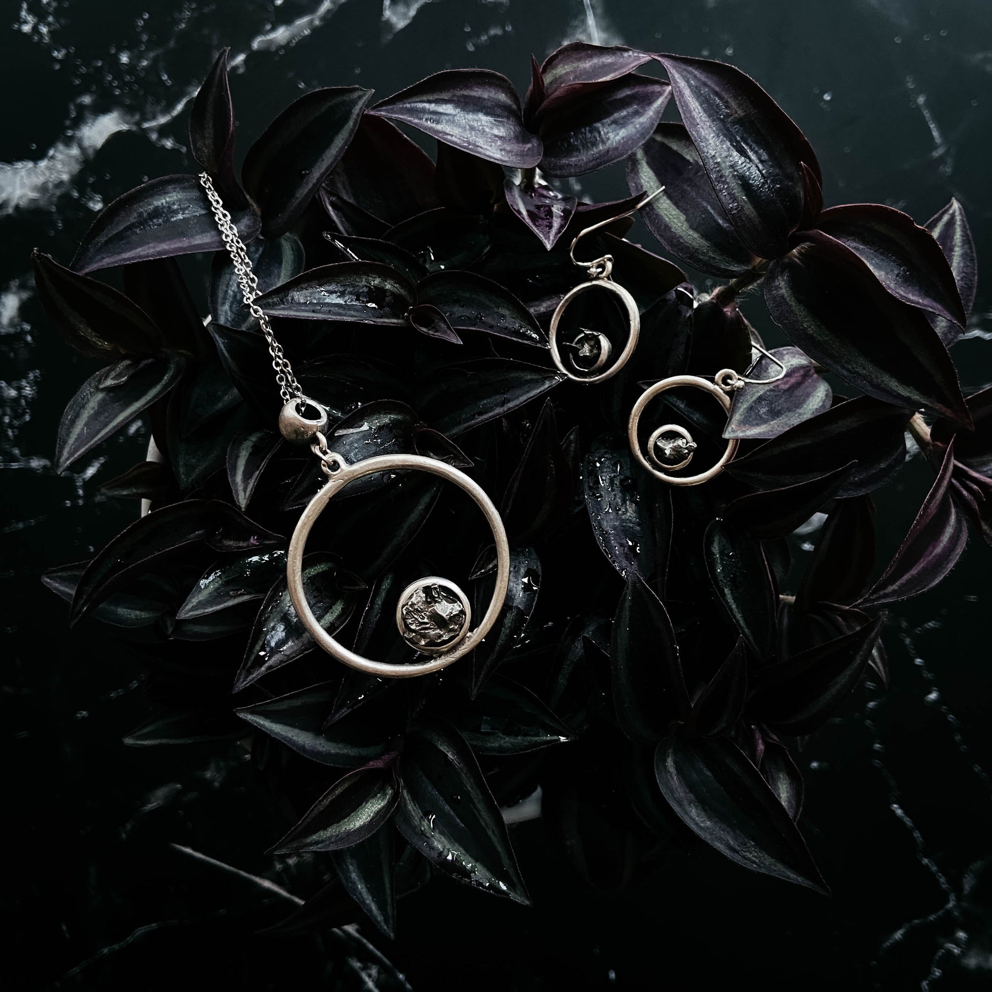 Meteorite Jewelry Set - Circle Necklace and Earrings