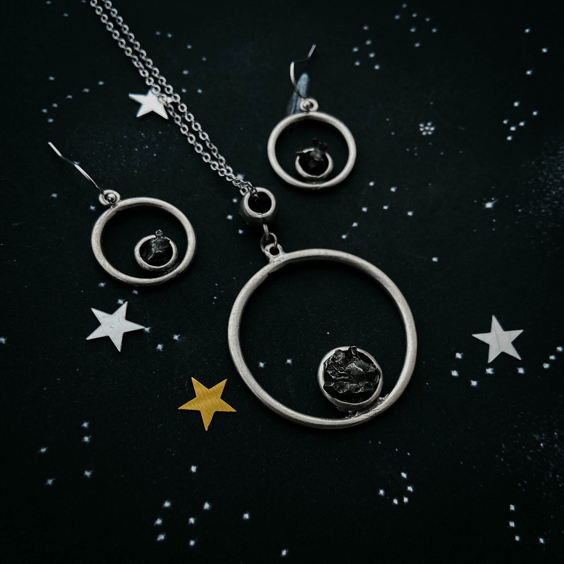 Meteorite Jewelry Set - Circle Necklace and Earrings
