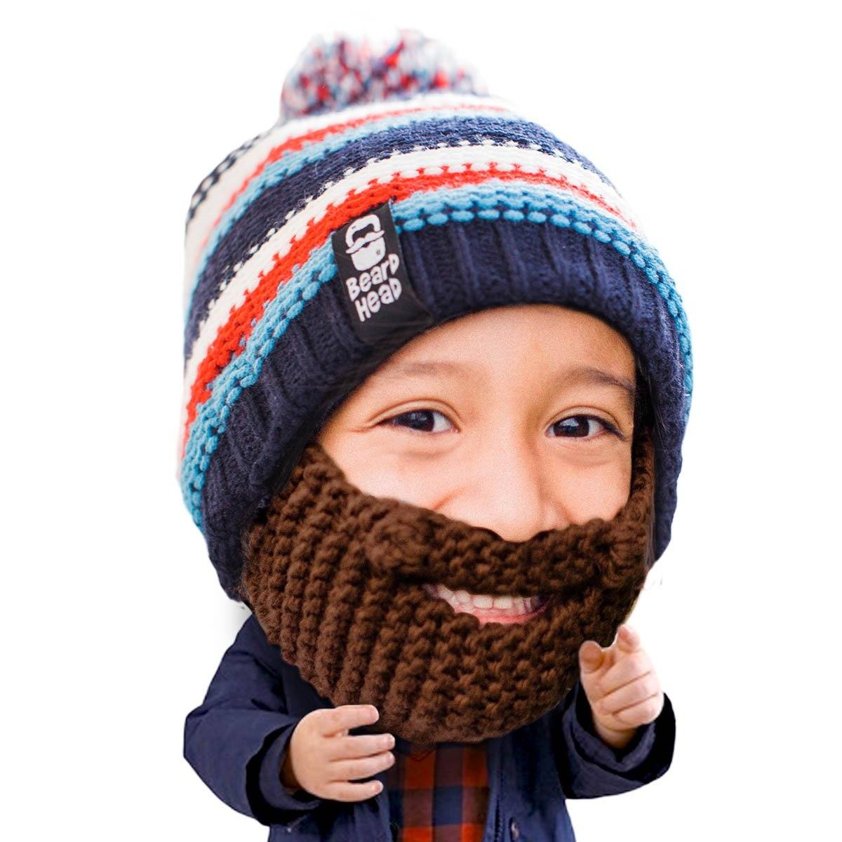 😋 Striped Beanie with Black/Grey/Brown Beard Costume Accessory for Kids