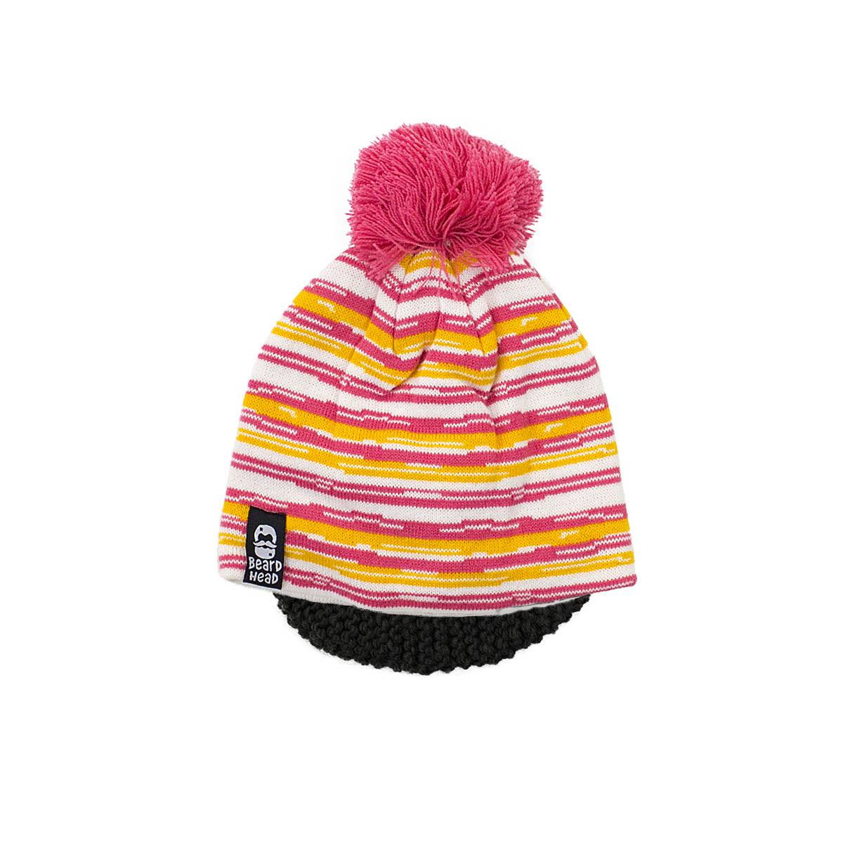 😋 Pink, Yellow, White Stripe Beanie with Black Stubble Beard Costume Accessory for Kids