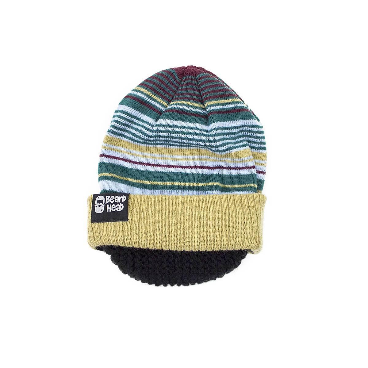Striped knit beanie with folded tan cuff and black visor, Bear Head logo patch