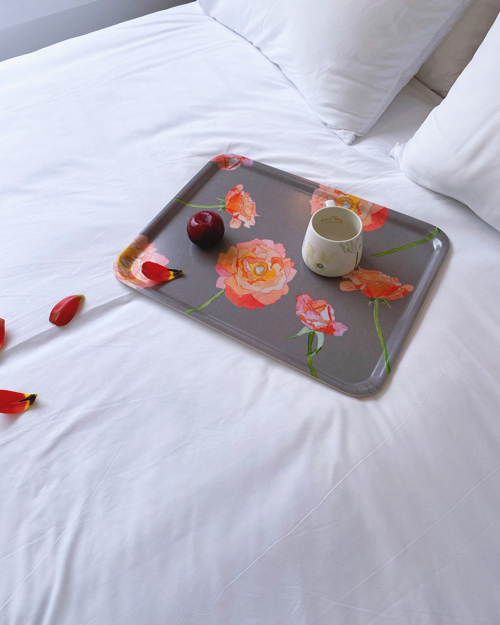 💚 Swedish Serving Tray:  Peach Roses on Grey