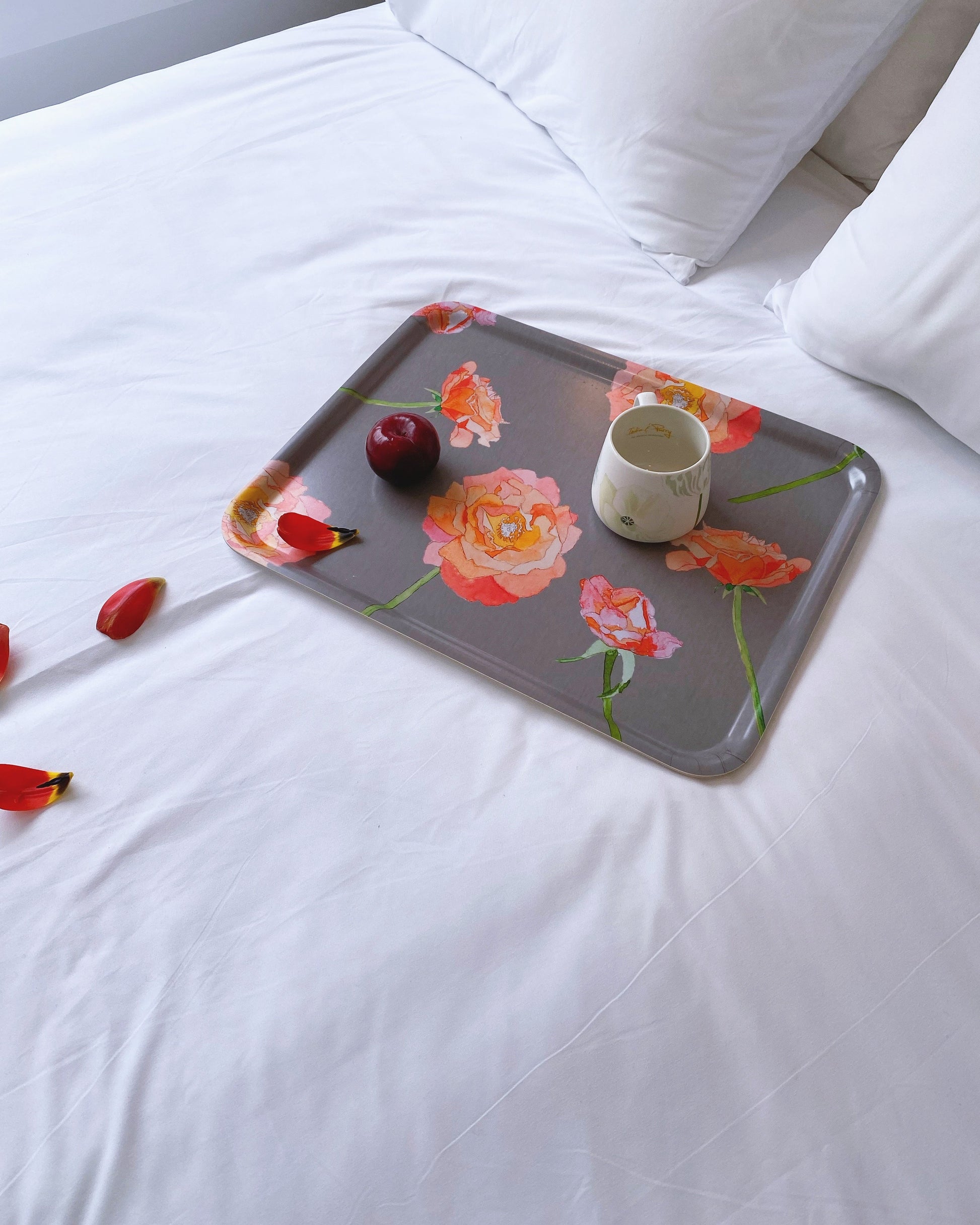 💚 Swedish Serving Tray:  Peach Roses on Grey