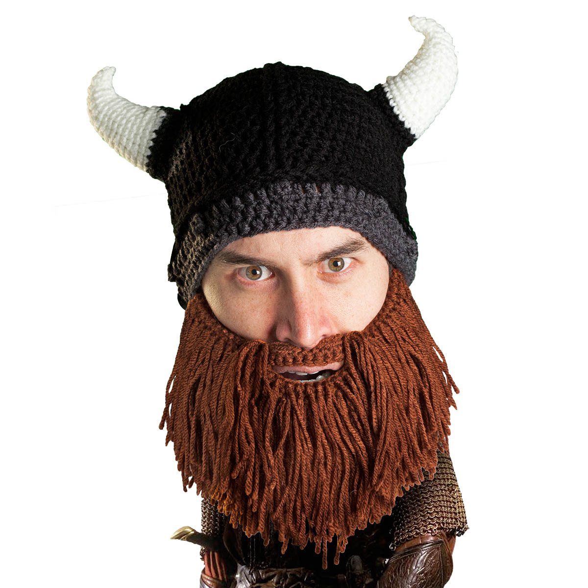 Barbarian Horns and Beard Costume Accessory for Adults- Gray, Black, or Brown