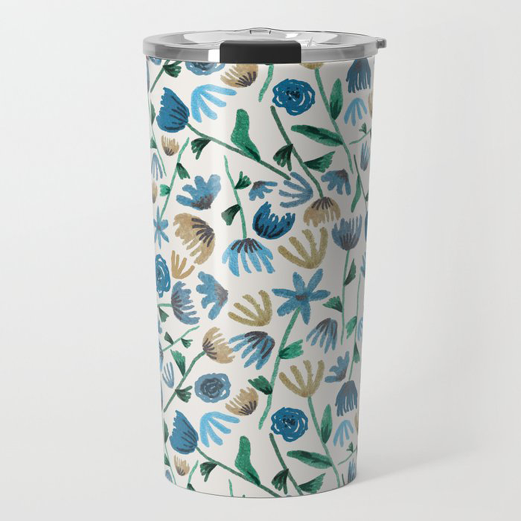Blue Ink Floral Travel Mug