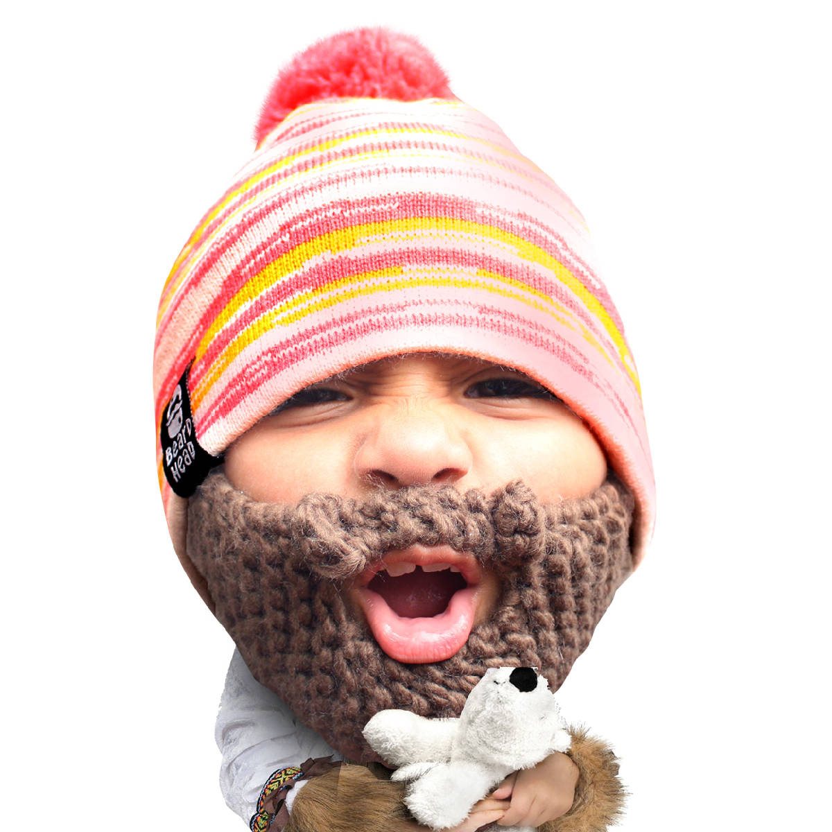 Pink, Yellow, White Stripe Beanie with Black Stubble Beard Costume Accessory for Kids