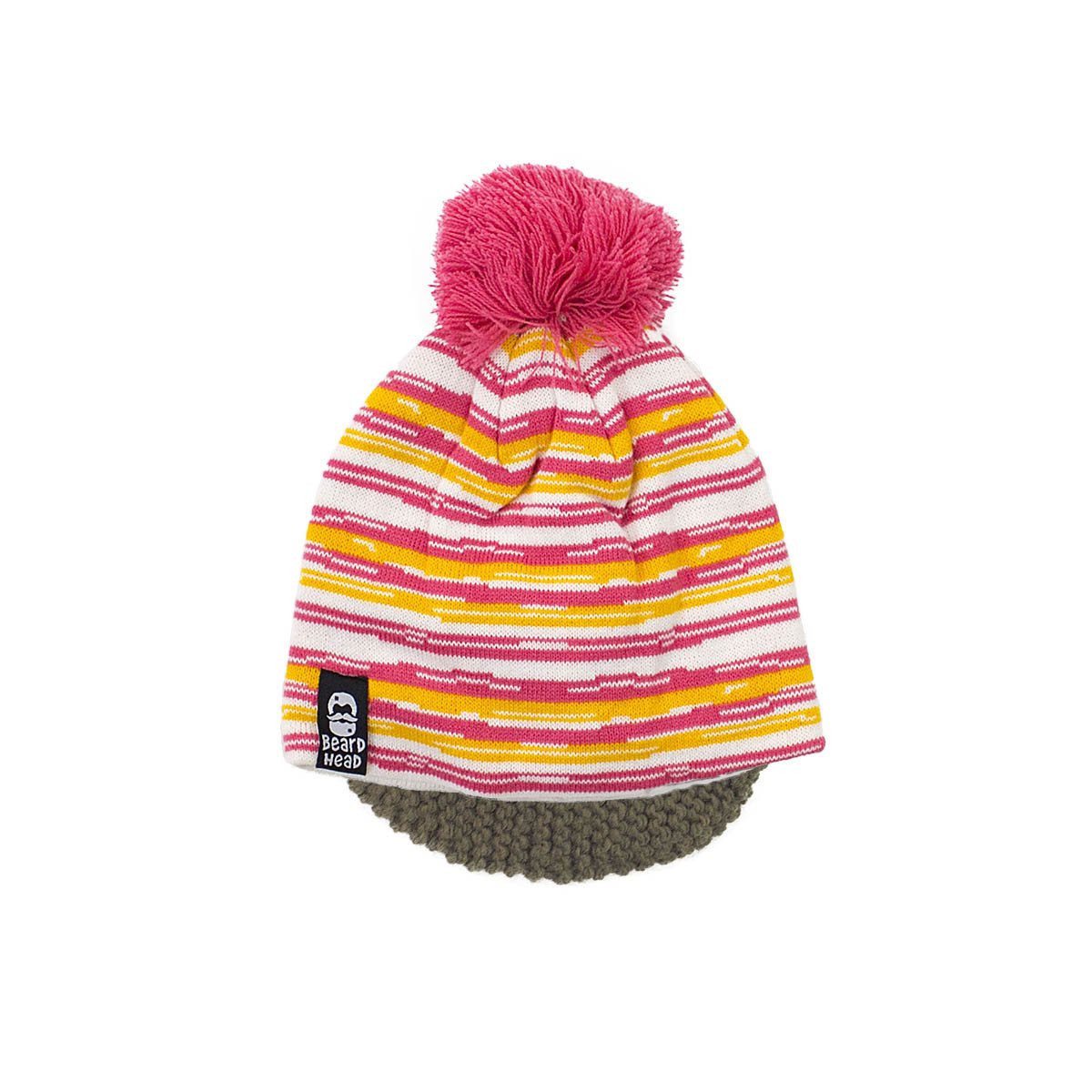 😋 Pink, Yellow, White Stripe Beanie with Black Stubble Beard Costume Accessory for Kids