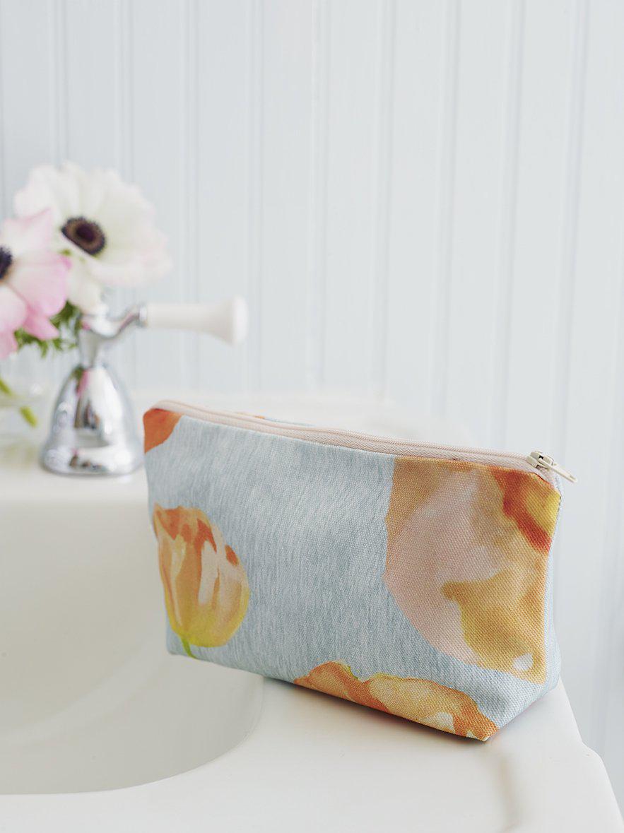 Makeup Bag: Peach Poppies on Grey