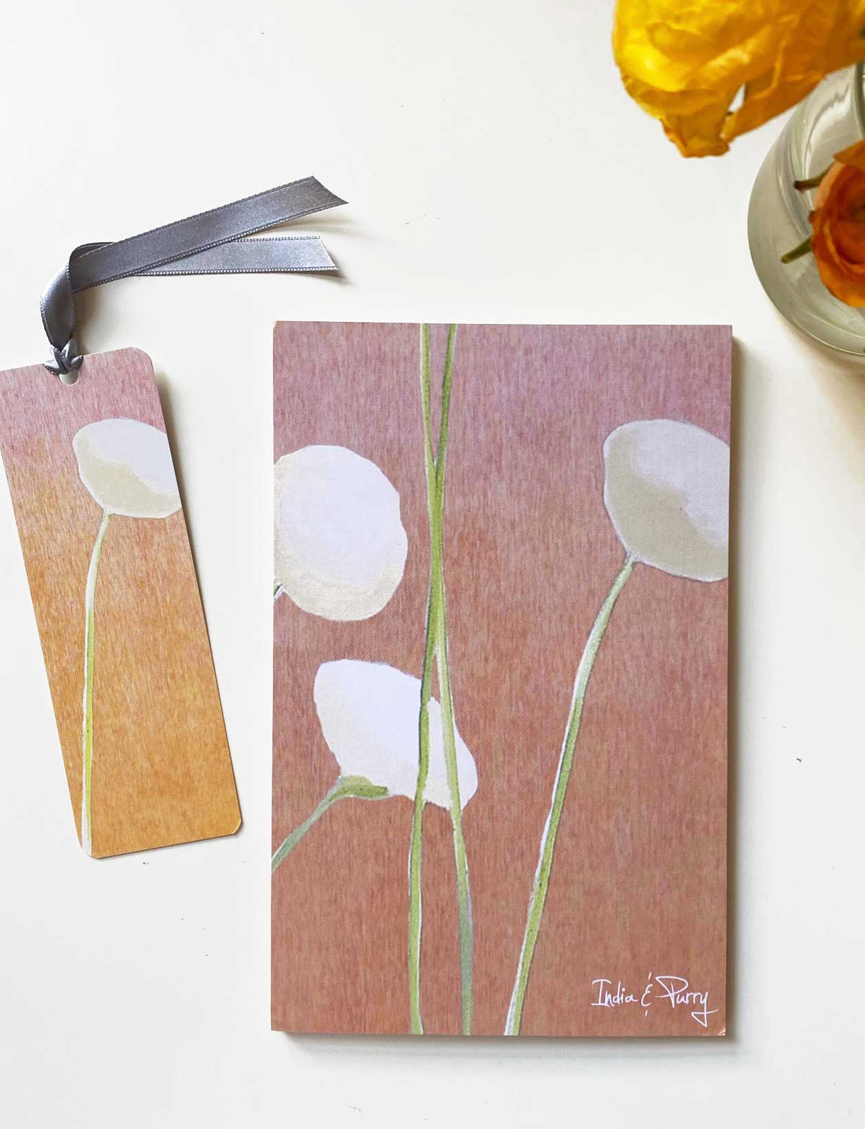 💚 Notepad & Bookmark Set: Cream Flowers on Orange